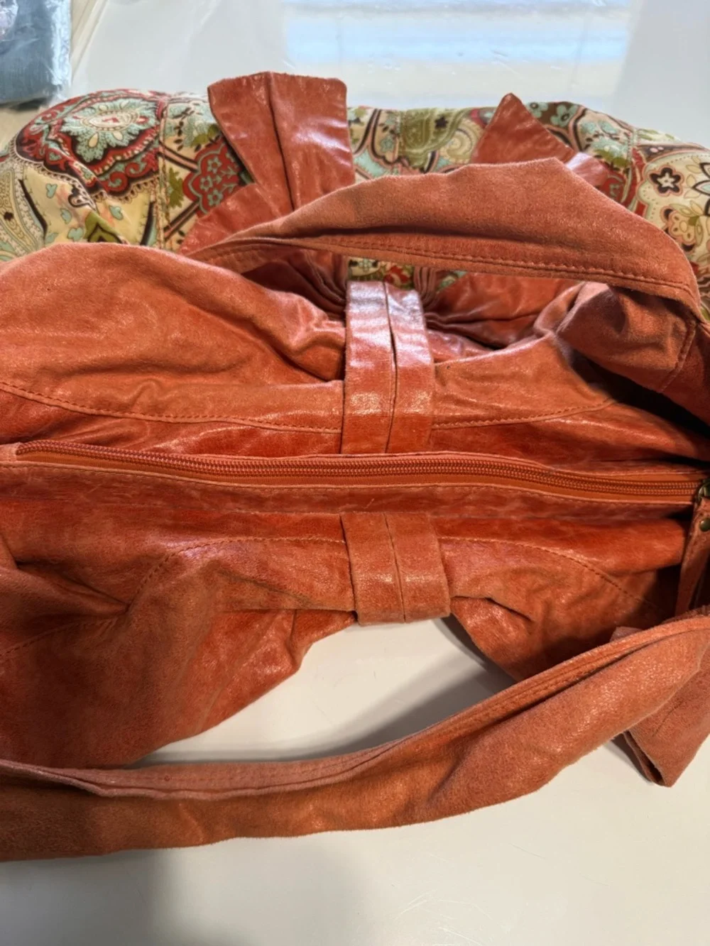 Ebisu Boho Paisley Print Hobo Bag with Large Bow Accent Orange Coral